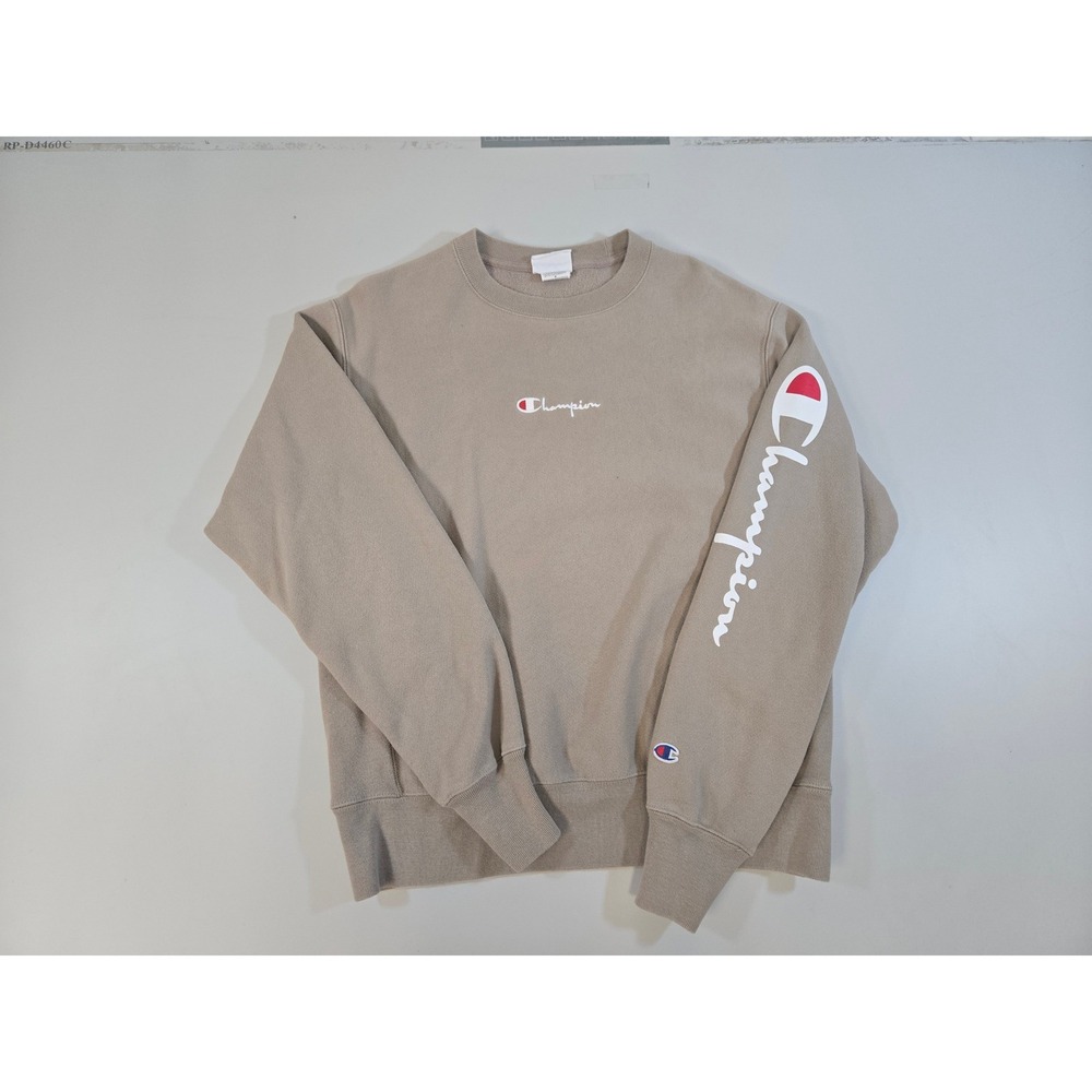 Vintage Champion Reverse Weave Sweatshirt Mens Medium Tan Taupe Script Logo